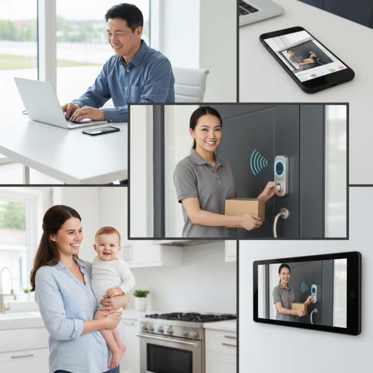 Intercom Installation Melbourne A collage showing a man at an office and a woman with a baby in a kitchen both using a smart intercom to see a delivery person at the front door.