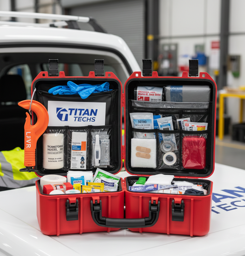 About An open, red professional first aid kit branded with the Titan Techs logo, featuring medical supplies, bandages, and a specialized orange Low Voltage Rescue (LVR) hook, sitting on a white service vehicle.