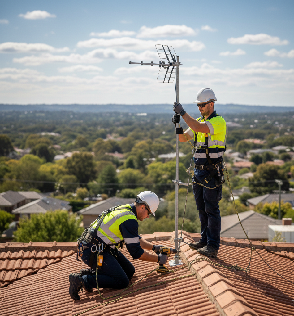 About Titan Techs fully accredited technicians performing licensed working at heights and confined space antenna installation on a Melbourne rooftop.