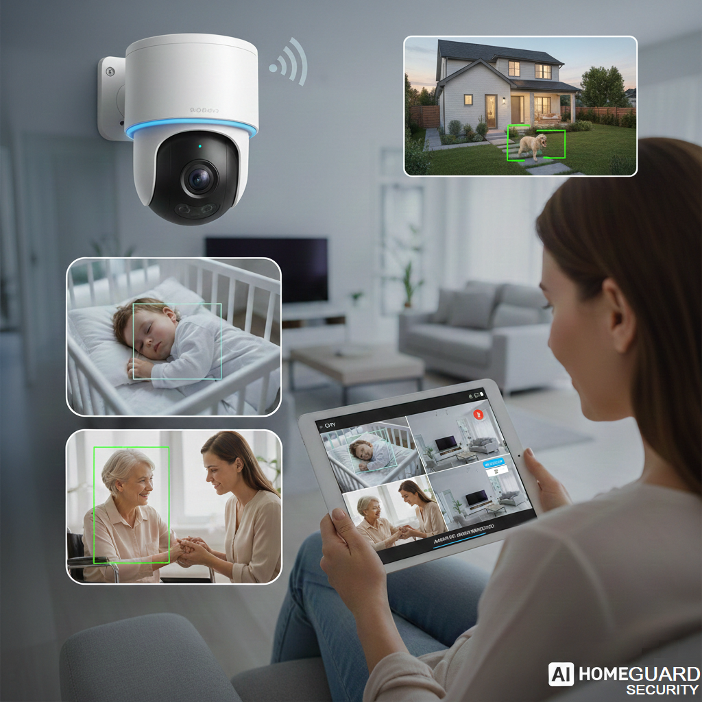 Home Woman monitoring home security on a tablet showing AI CCTV feeds of a sleeping baby, elderly care, and a front yard.