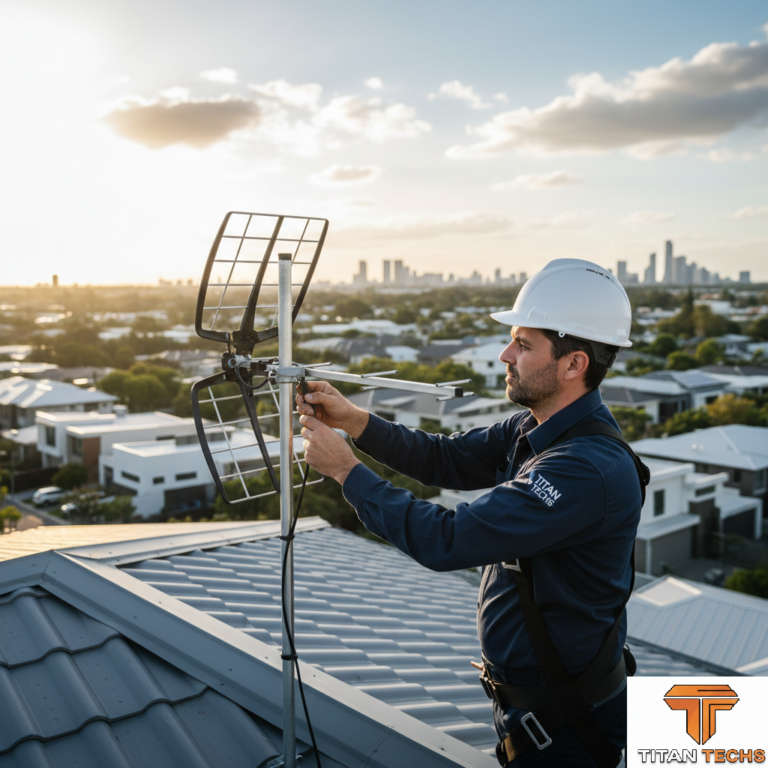 Home Professional technician in safety harness installing a digital TV antenna on a residential roof in Melbourne.