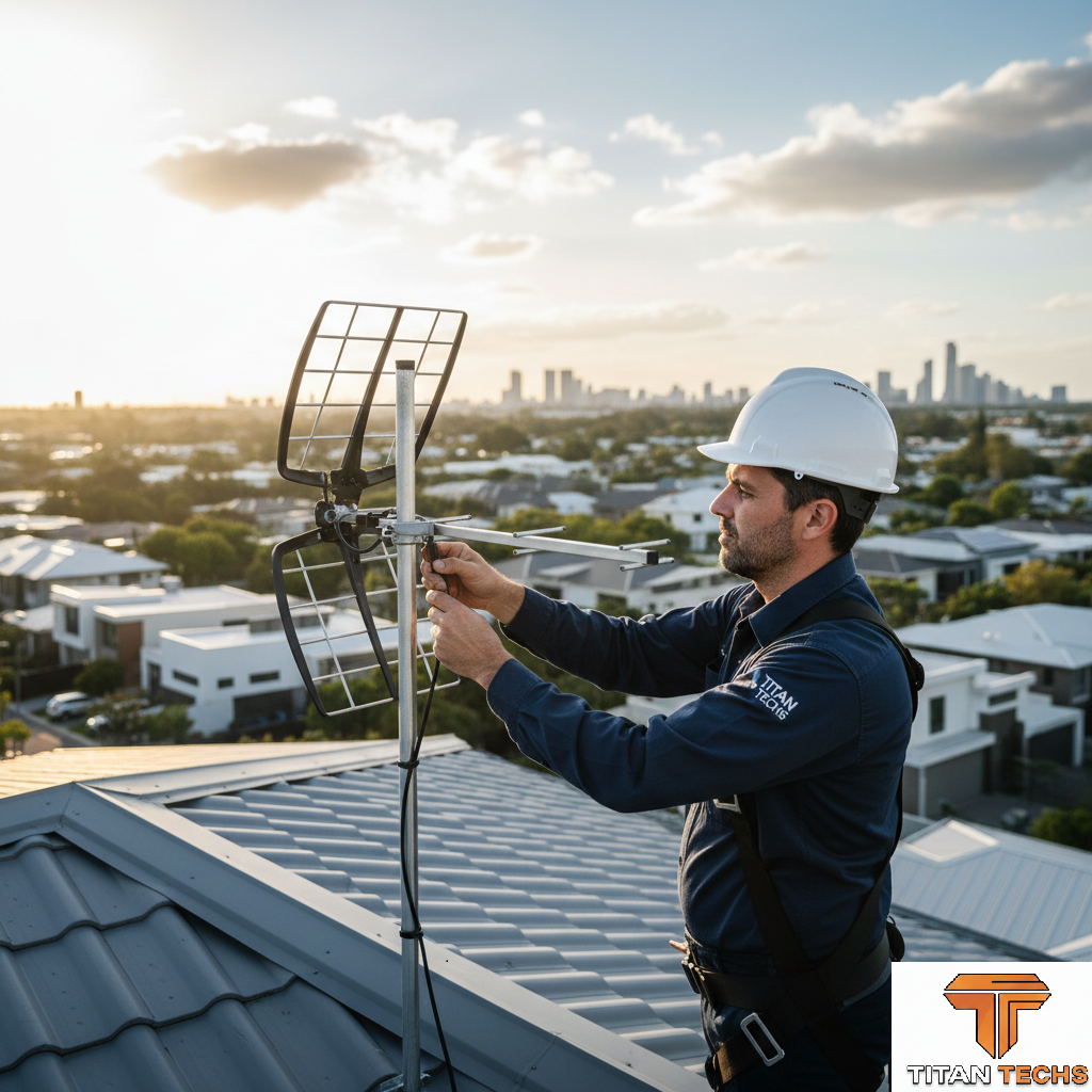 Home Professional technician in safety harness installing a digital TV antenna on a residential roof in Melbourne.