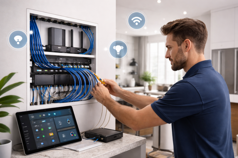 Home Professional data cabling and smart home installation by Titan Techs in Melbourne showing WiFi relocation, network hub setup and structured home connectivity system