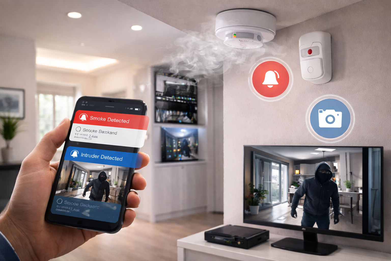Home Smart home security system in Melbourne showing smoke alarm and motion sensor (PIR) connected to a central hub, sending real-time notifications and alerts to a smartphone, monitoring property safety remotely.