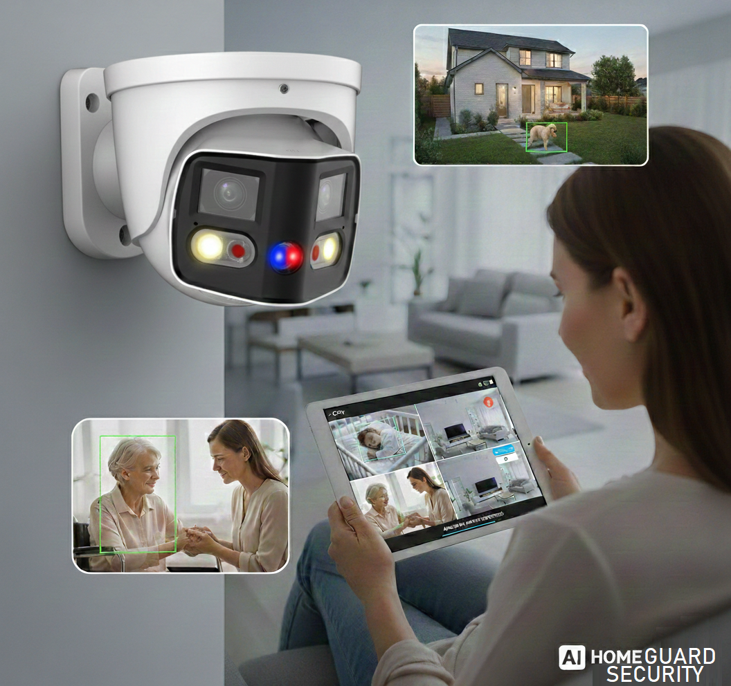 Services Smart AI security camera monitoring family care and home safety on a tablet.
