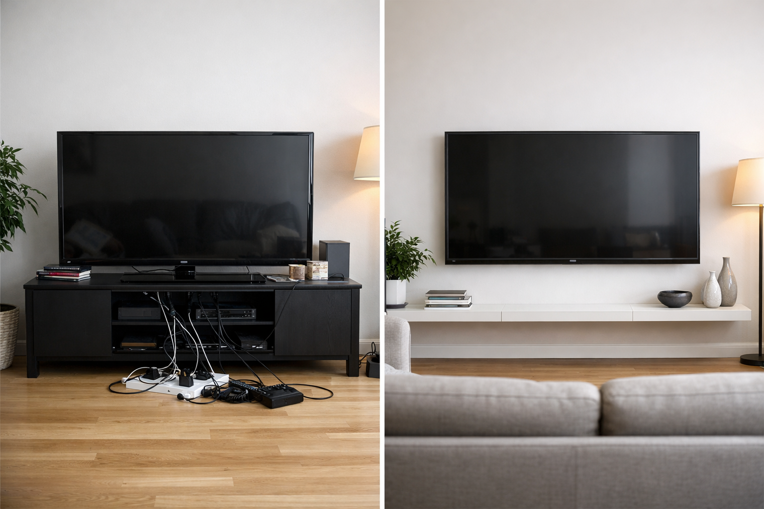 Home Before and after professional TV wall mounting installation by Titan Techs in Melbourne showing cable management and clean mounted flat screen setup