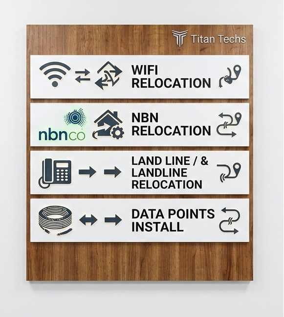 Data Cabling & Point Relocations A professional service chart for Titan Techs listing WiFi relocation, NBN relocation, landline services, and data point installation for residential and commercial clients.