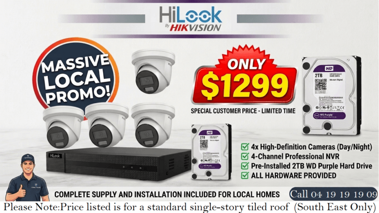 HiLook by Hikvision 4 camera CCTV security system installation promotional package for $1299 in Cranbourne East featuring 4 HD day night cameras, 4 channel NVR, and pre-installed 2TB WD Purple surveillance hard drive.