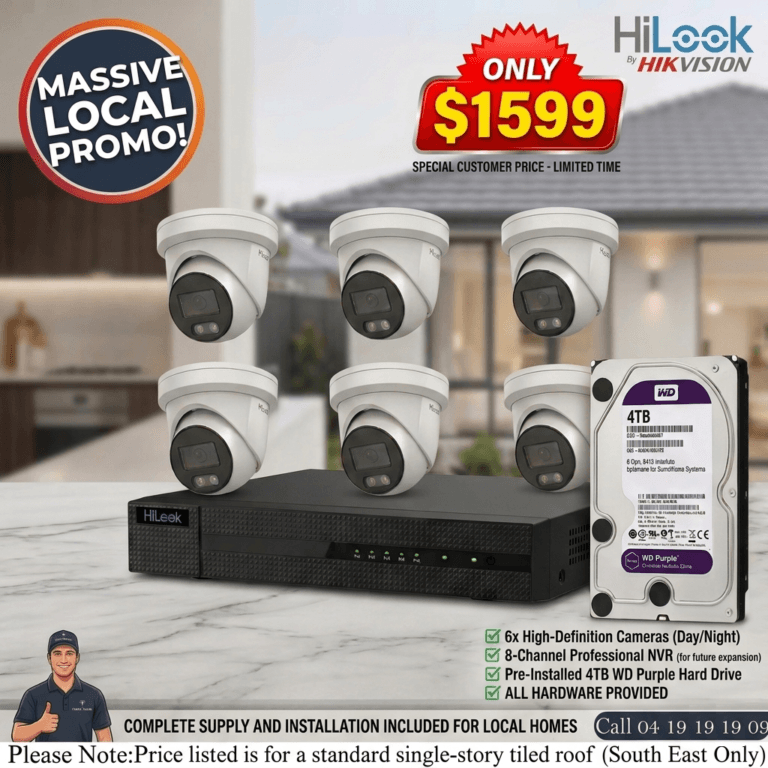 Professional 6-camera HiLook CCTV security system installation package for $1599 by Titan Techs, including NVR, 4TB hard drive, and full supply and installation services for homes in Melbourne.