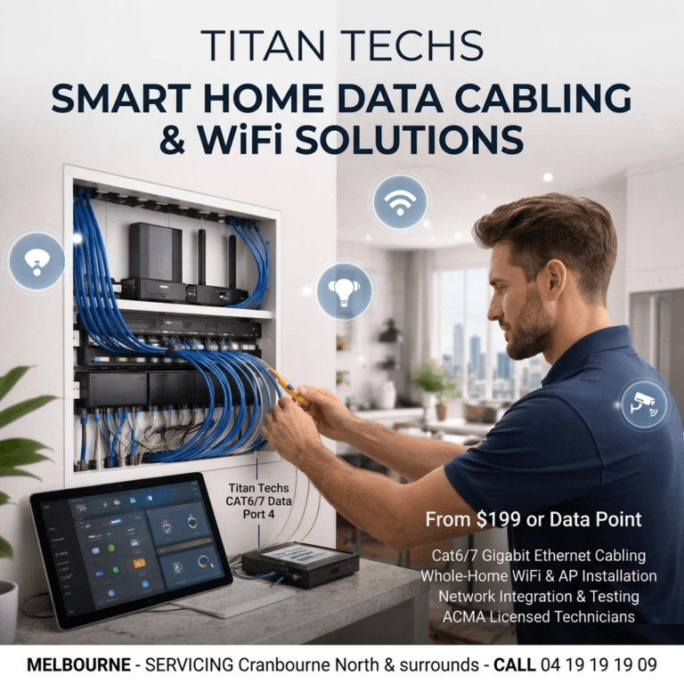 Titan Techs smart home data cabling and high-speed WiFi solutions in Melbourne, offering professional Cat6/7 ethernet cabling and network installation starting from $199 per data point.