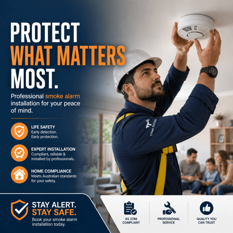 Professional technician installing a smoke alarm in a Melbourne home to improve fire safety, compliance, and family protection.