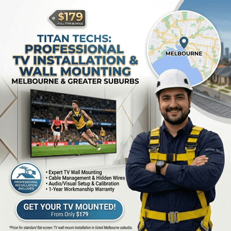 Titan Techs professional TV wall mounting and installation service in Melbourne, featuring expert cable management and a 1-year workmanship warranty, starting from $179.