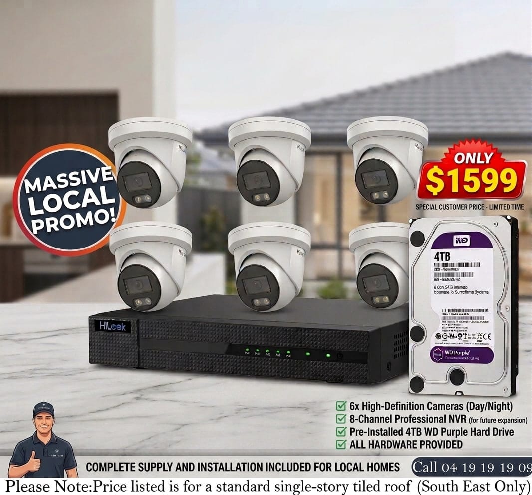 HiLook 6 camera CCTV security system package including 4TB WD Purple hard drive, 8 channel NVR and professional installation for homes across Melbourne including Cranbourne East, Clyde, Narre Warren and Frankston.