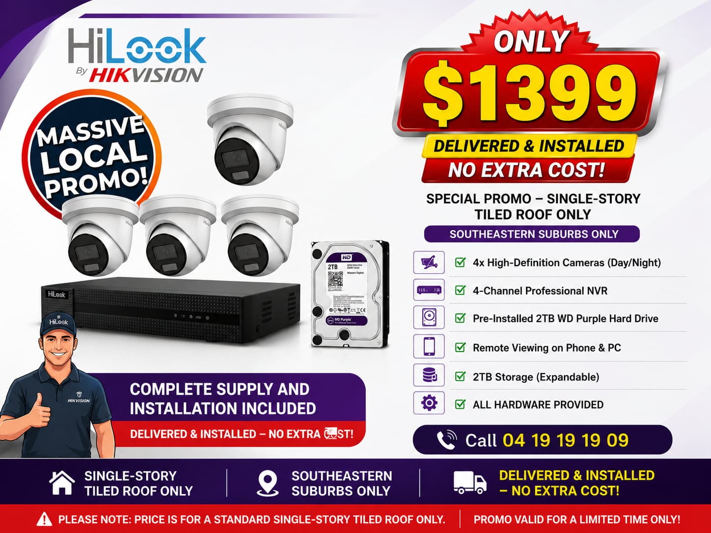 HiLook 4 Camera CCTV Security System supplied, delivered and installed by Titan Techs in Melbourne, featuring a 4-channel NVR, 2TB WD Purple hard drive, remote viewing, and professional installation for single-story tiled roof homes in Melbourne southeastern suburbs.