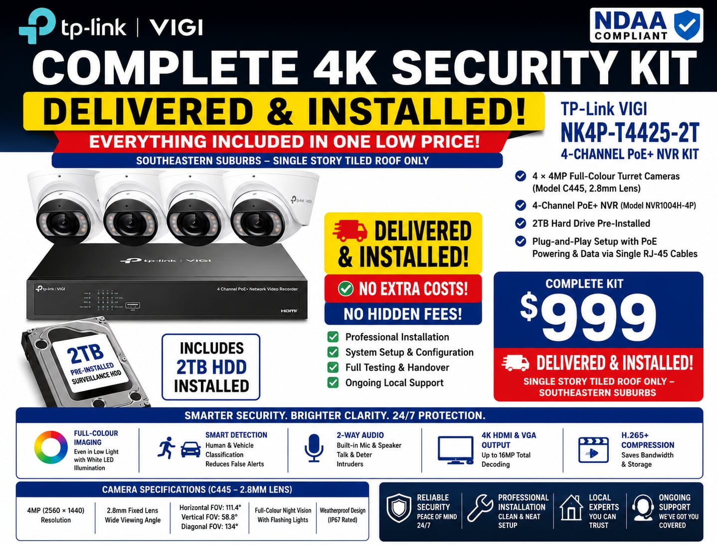 TP-Link VIGI 4 camera CCTV installation package in Melbourne with 4MP full-colour security cameras, 4-channel PoE NVR, 2TB surveillance hard drive, delivered and professionally installed by Titan Techs.